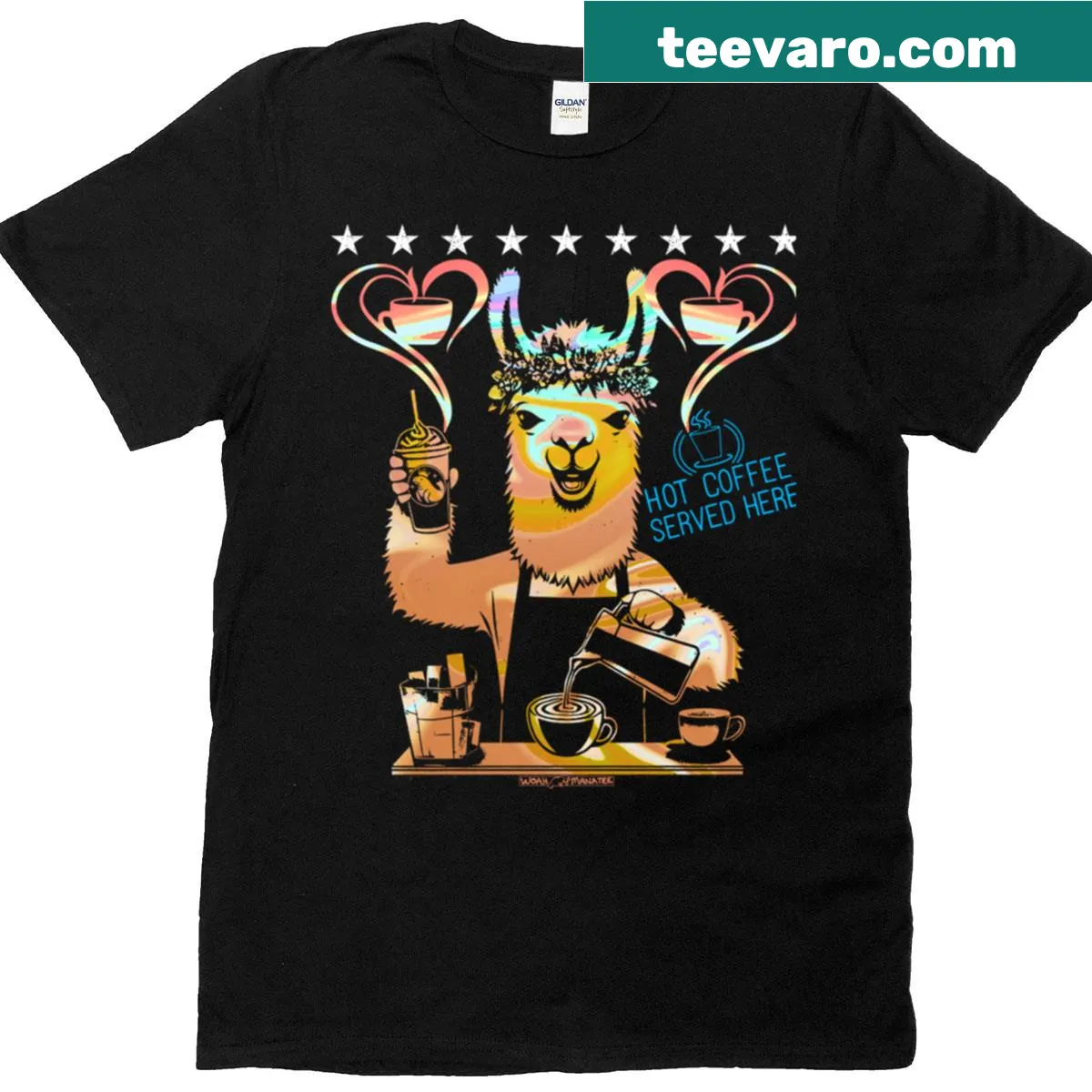 Cartoon llama barista design on a T-shirt — on a men's t-shirt
