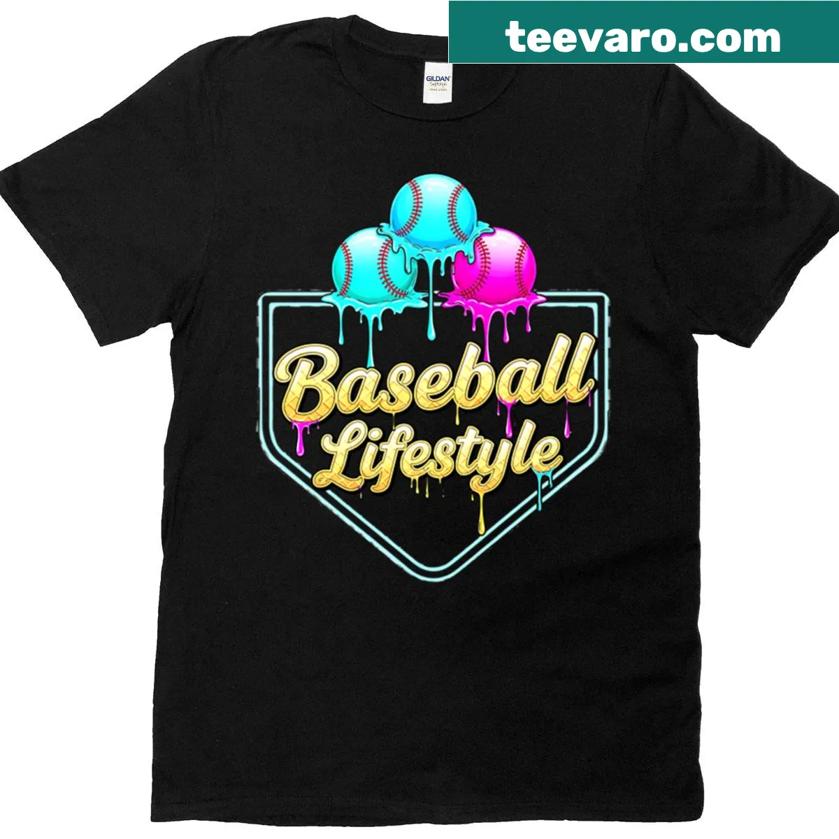 T-shirt featuring a graphic of a baseball home plate with an ice cream cone — on a men's t-shirt