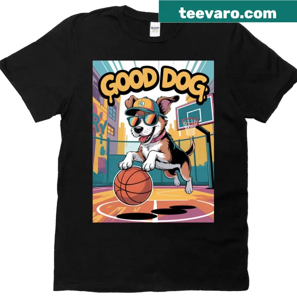 Cartoon dog playing basketball on a street style t-shirt