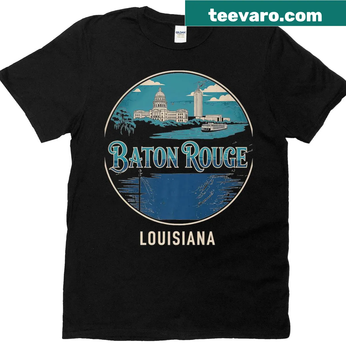 Graphic t-shirt featuring Baton Rouge landmarks and symbols — on a men's t-shirt