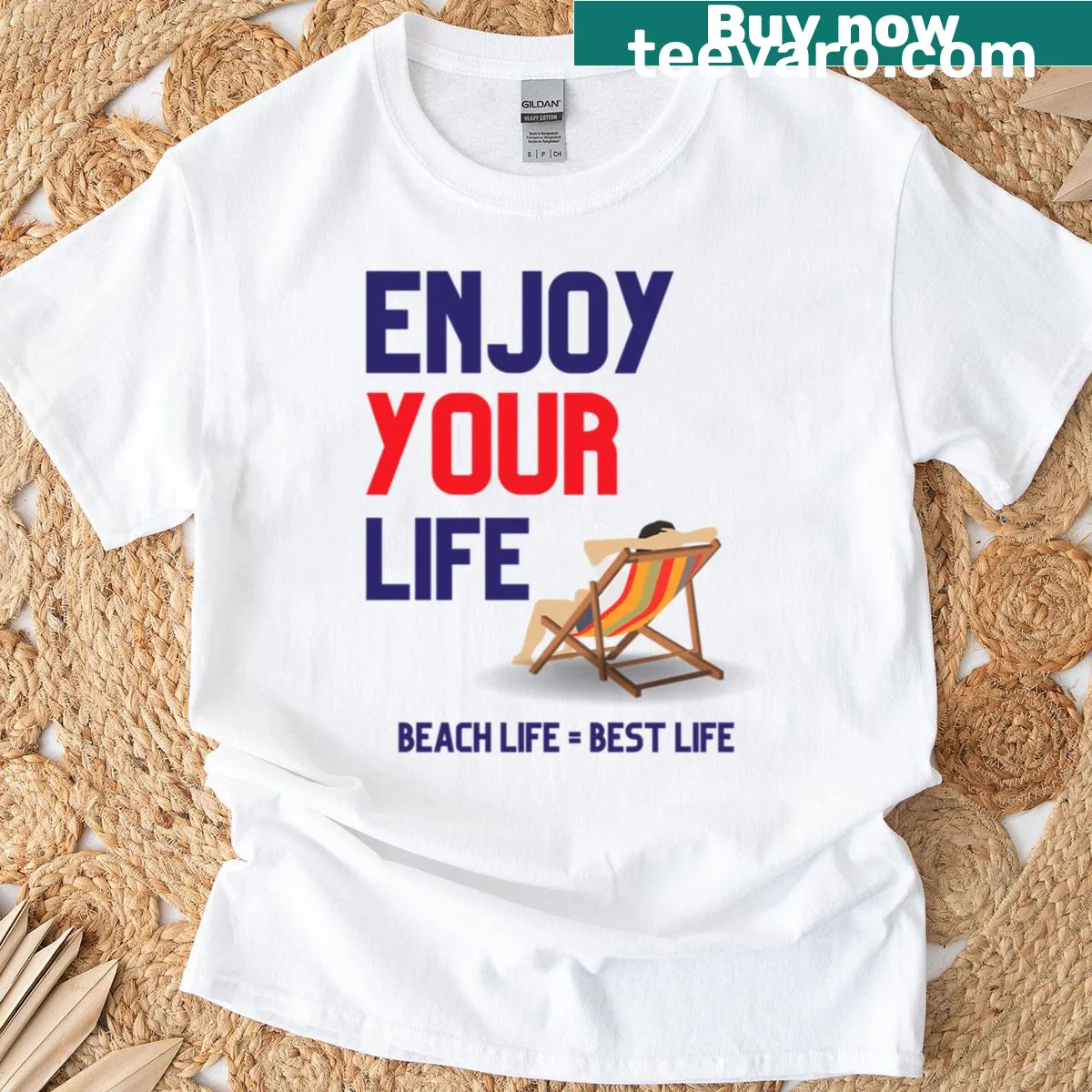 Whimsical beach-themed design on a T-shirt celebrating beach life — on a men's t-shirt