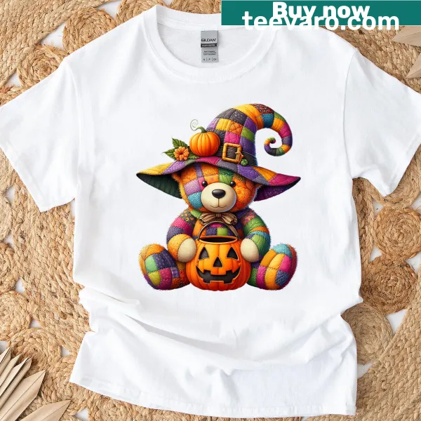 Cartoon bear ghost witch design on Halloween T-shirt.