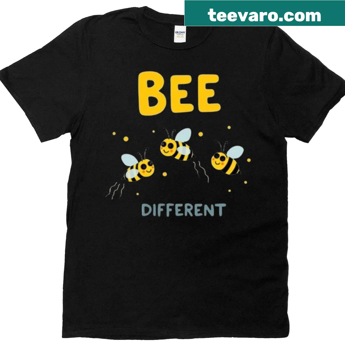 Cute t-shirt featuring a bee and the phrase Bee Different — on a men's t-shirt