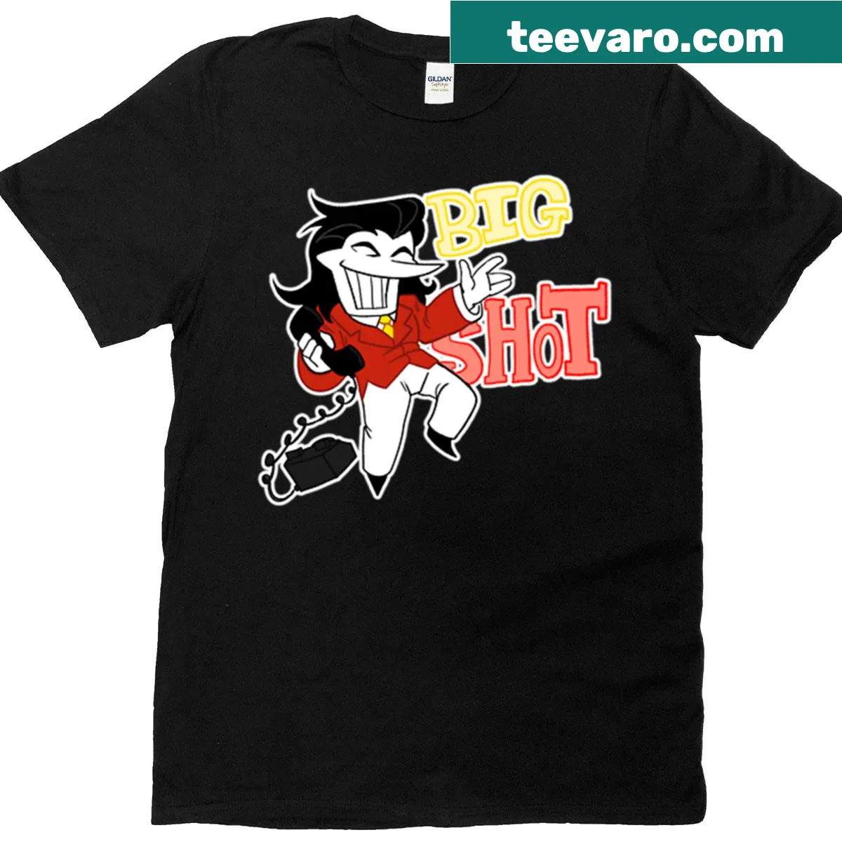 T-shirt featuring bold graphics of the character Big Shot Spamton from a video game — on a men's t-shirt