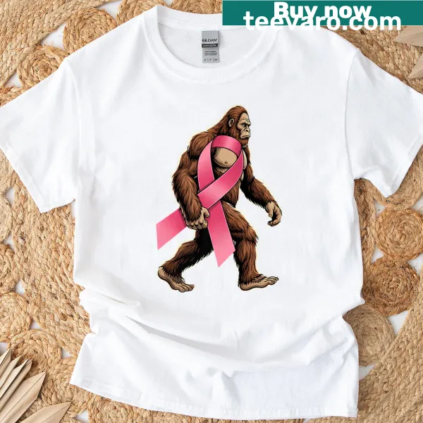 Sasquatch and pink ribbon graphic for breast cancer support on a T-shirt