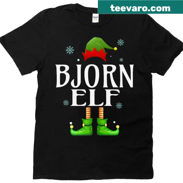 Funny Bjorn Elf graphic on a Christmas T-shirt