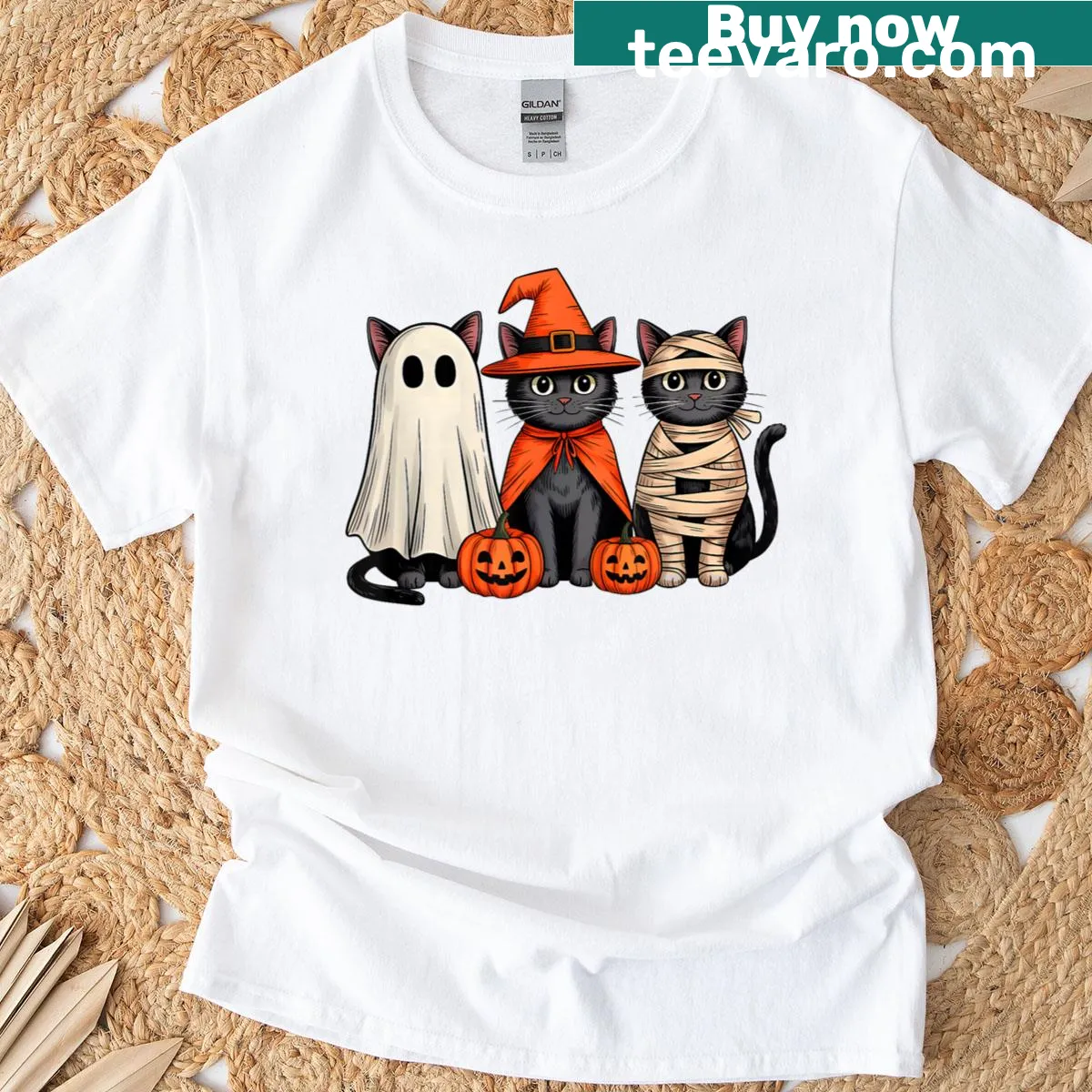 Funny Halloween T-shirt with black cat ghost, witch, and pumpkin. — on a men's t-shirt