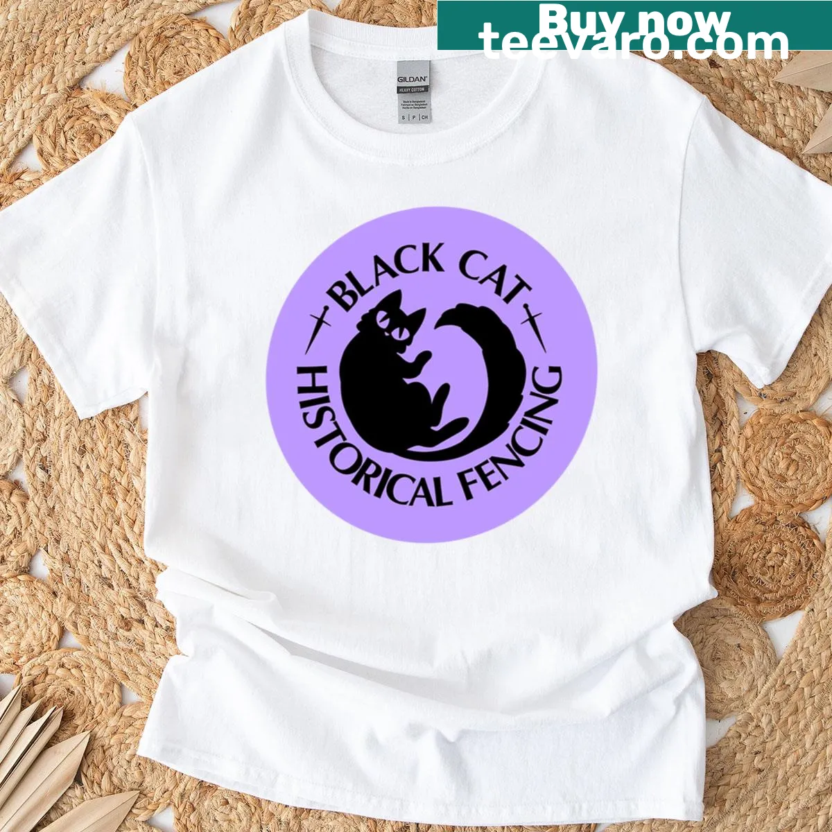 Minimalist black cat silhouette logo on a solid T-shirt — on a men's t-shirt