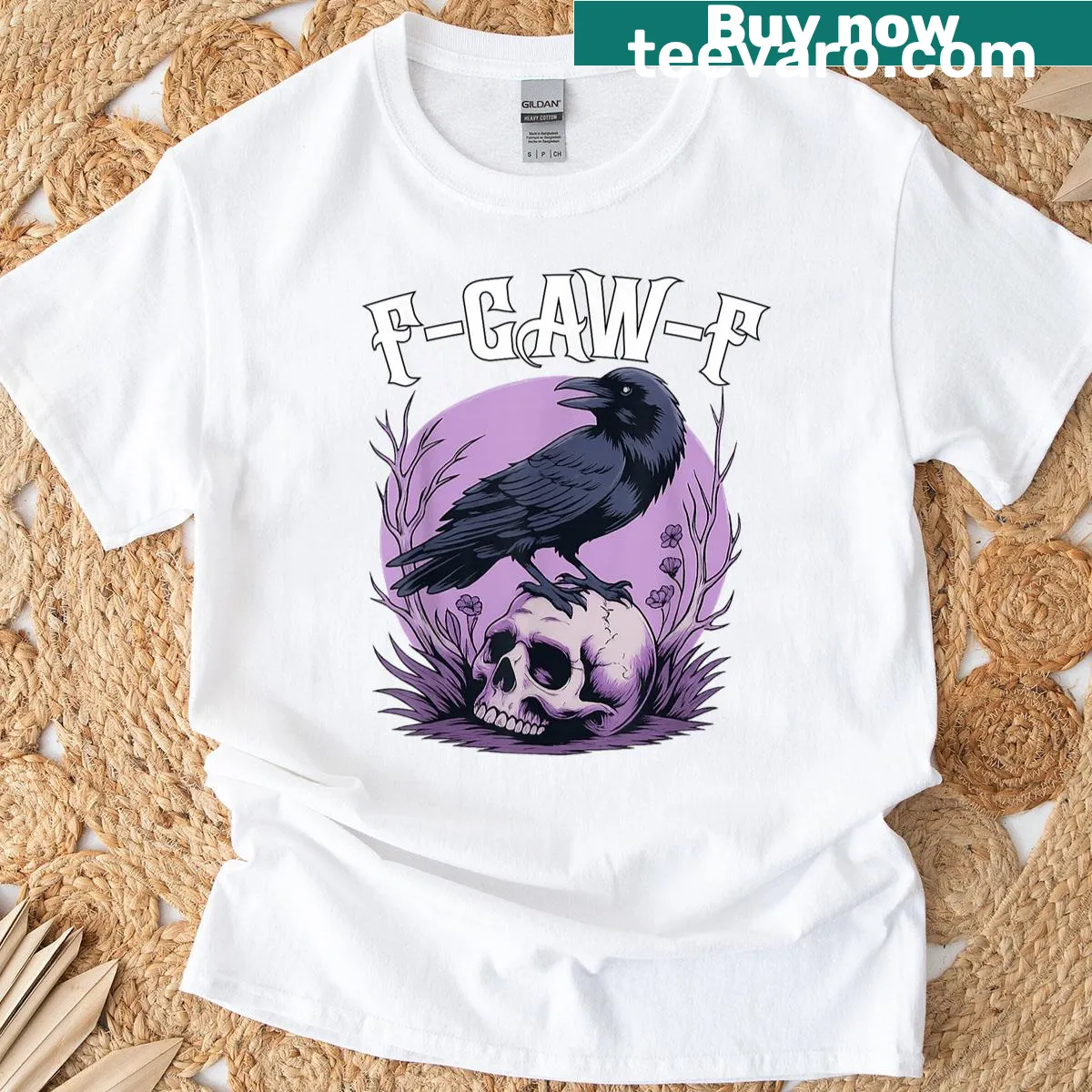 Funny Halloween t-shirt with a black crow and moon graphic. — on a men's t-shirt