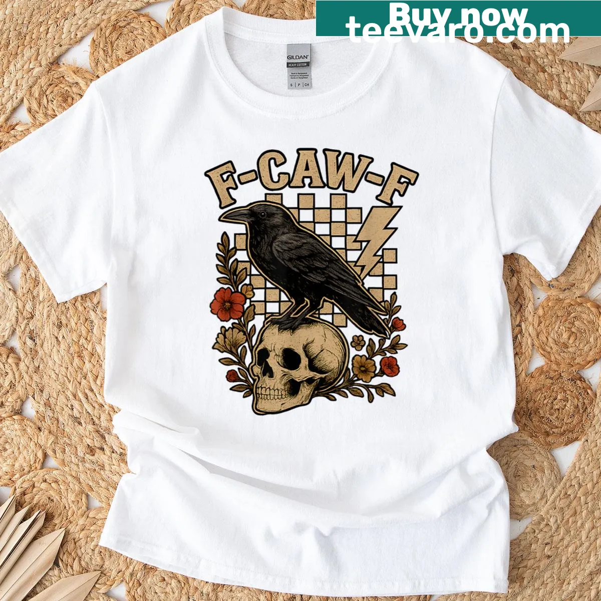 Vintage-style T-shirt with a black crow and floral design plus a sarcastic saying. — on a men's t-shirt