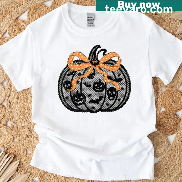 Cute black lace pumpkin design on a Halloween T-shirt for women.