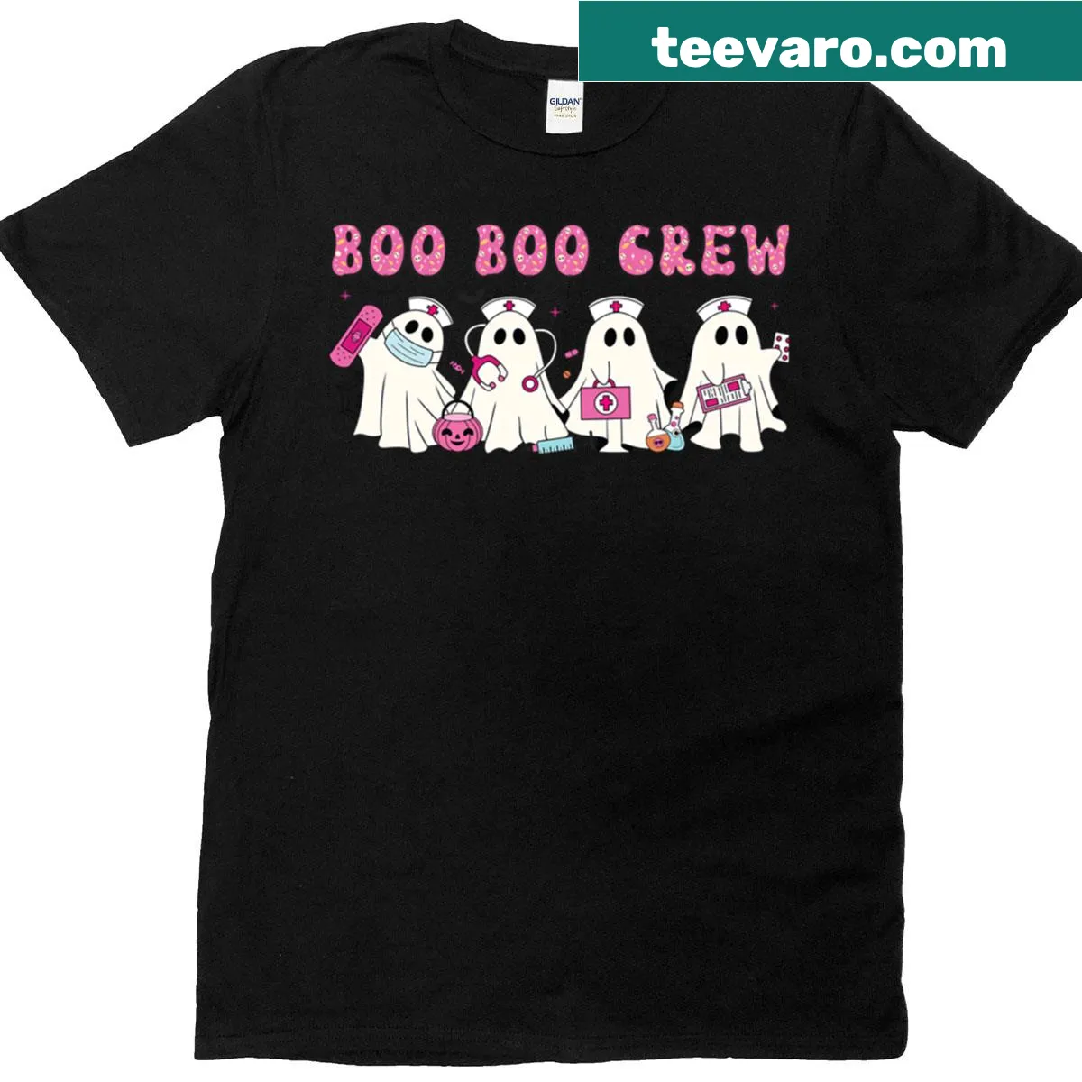 Illustration of ghosts and medical symbols with 'Boo Boo Crew' text — on a men's t-shirt