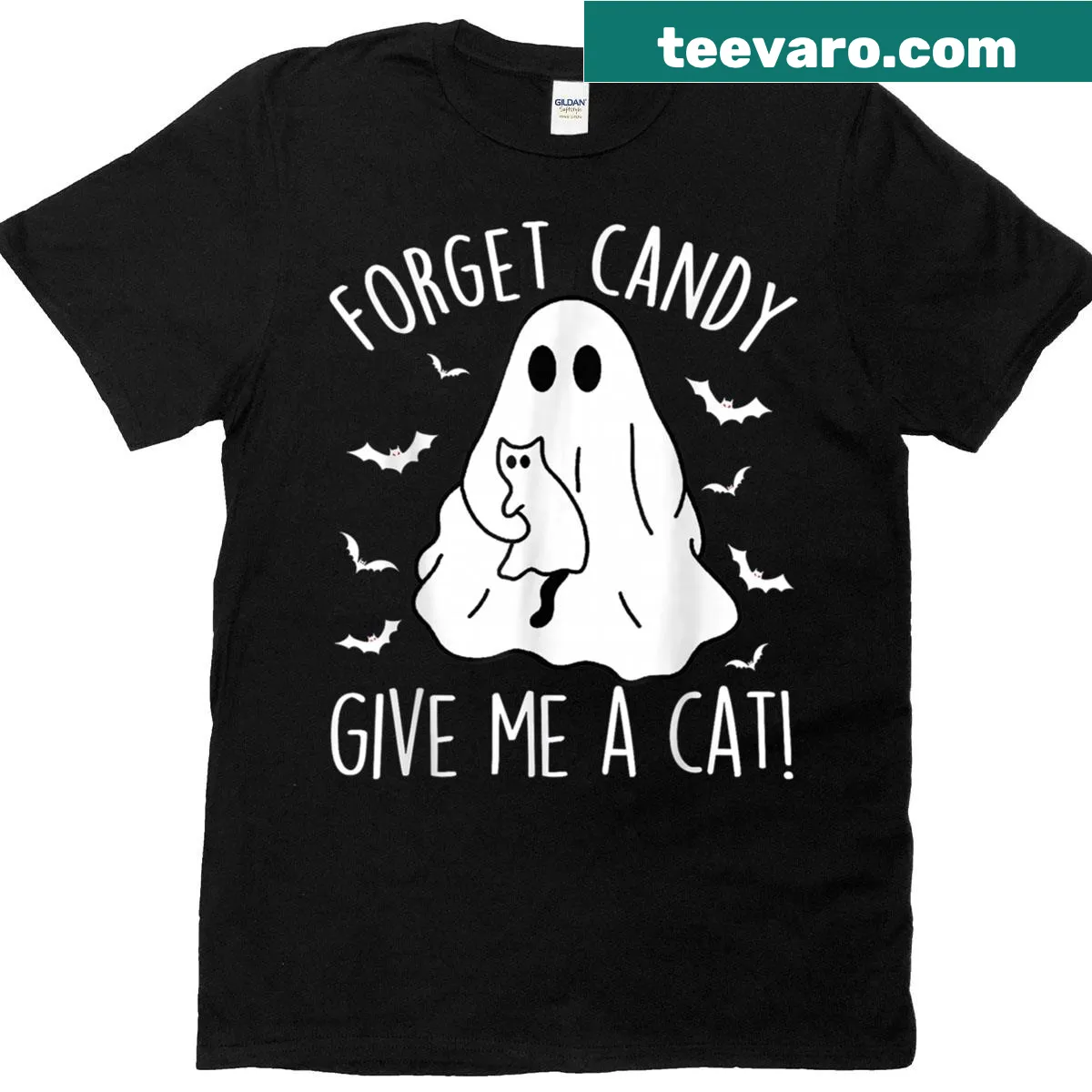 Funny Halloween shirt with a ghost and a black cat saying 'Forget Candy Give Me Cat' — on a men's t-shirt