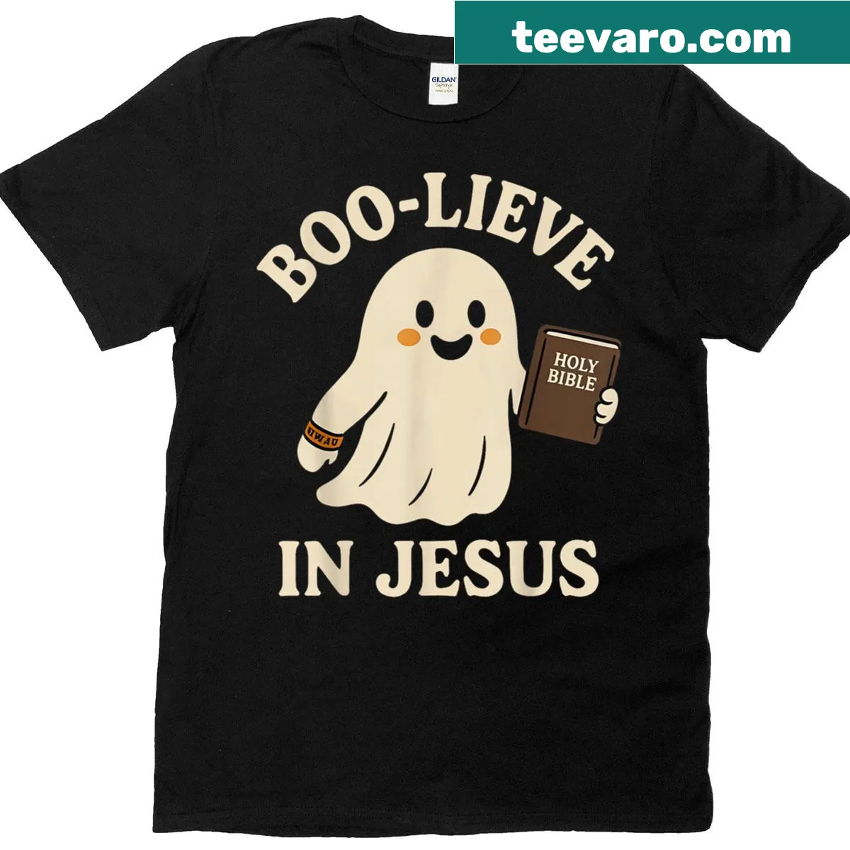 Cute ghost t-shirt with 'Boo-lieve In Jesus' text — on a men's t-shirt