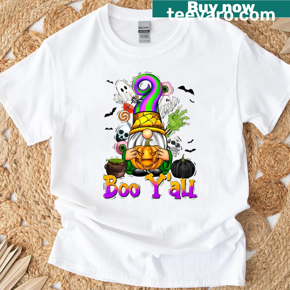 Cute pumpkin gnome illustration for Halloween t-shirt — on a men's t-shirt