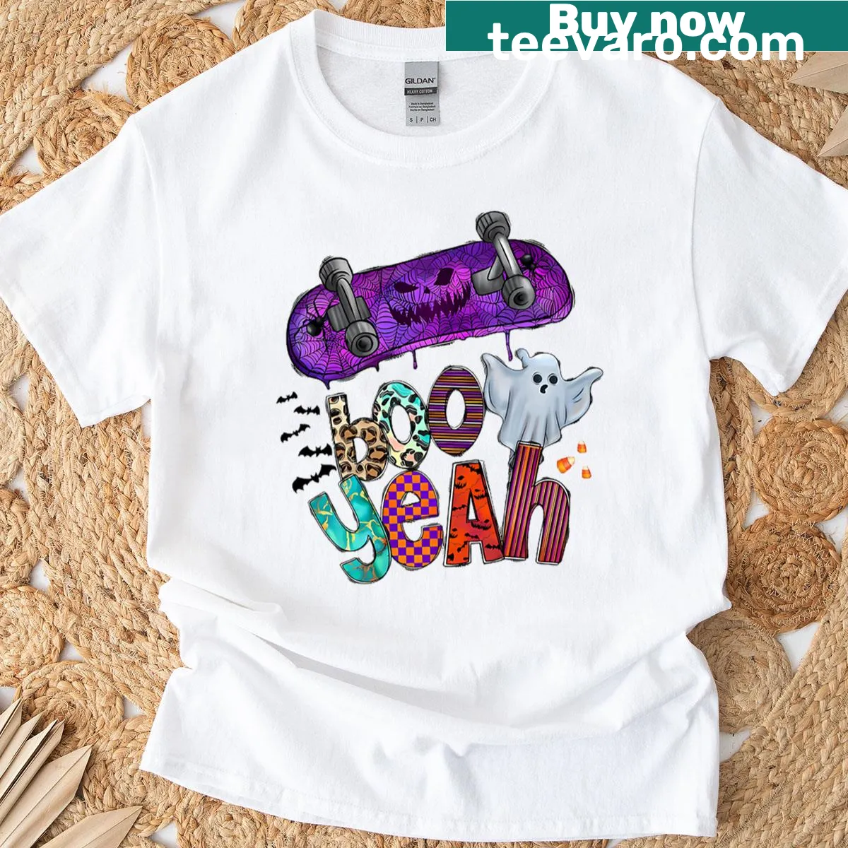 Cartoon ghost on a skateboard with 'Boo Yeah!' text for Halloween. — on a men's t-shirt
