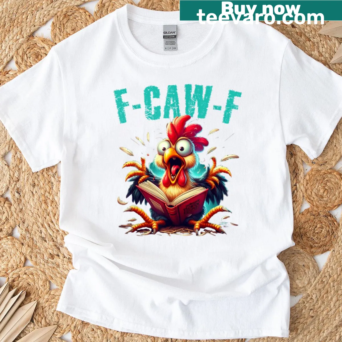 Funny chicken reading graphic with humorous text on t-shirt — on a men's t-shirt