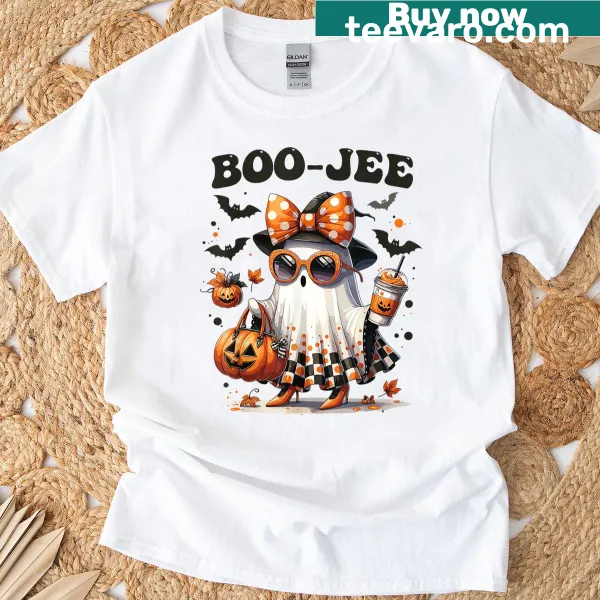Cute ghost and pumpkin graphic T-shirt for Halloween