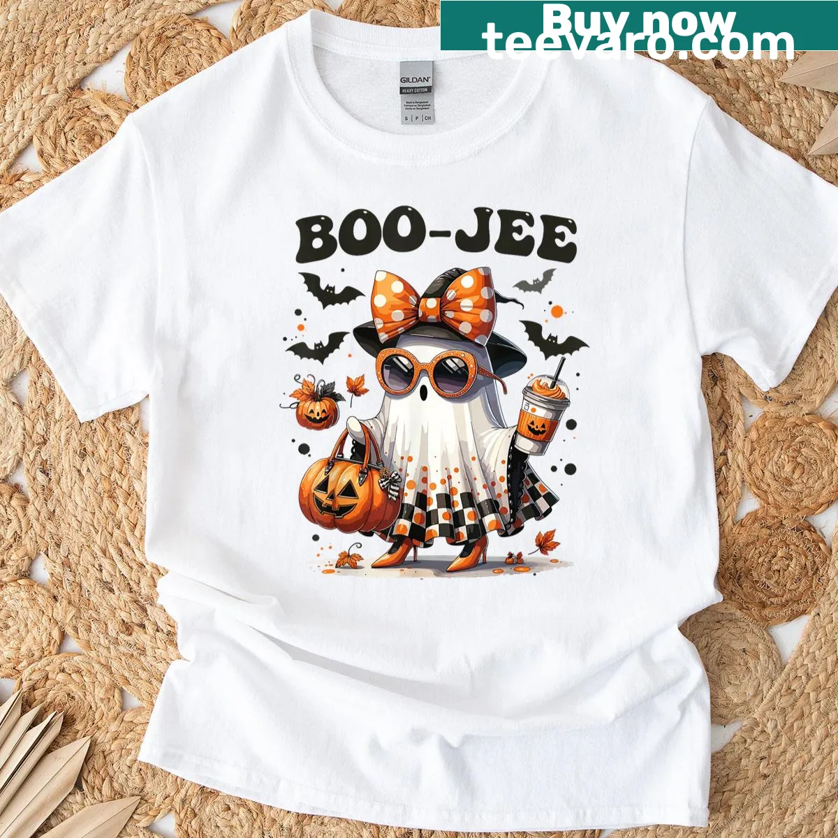 Cute ghost and pumpkin graphic T-shirt for Halloween — on a men's t-shirt