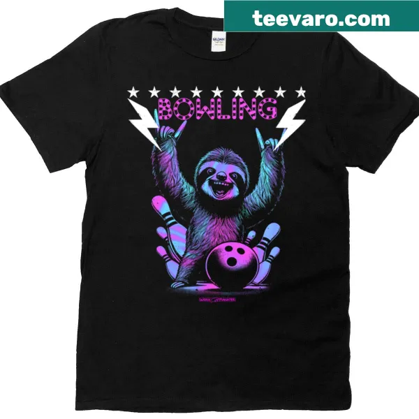 Cartoon sloth bowling graphic on t-shirt