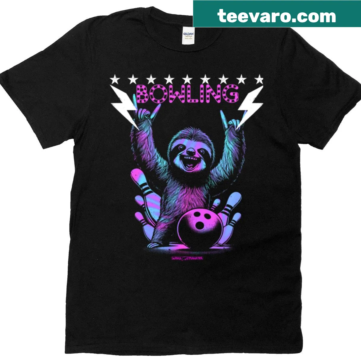 Cartoon sloth bowling graphic on t-shirt — on a men's t-shirt