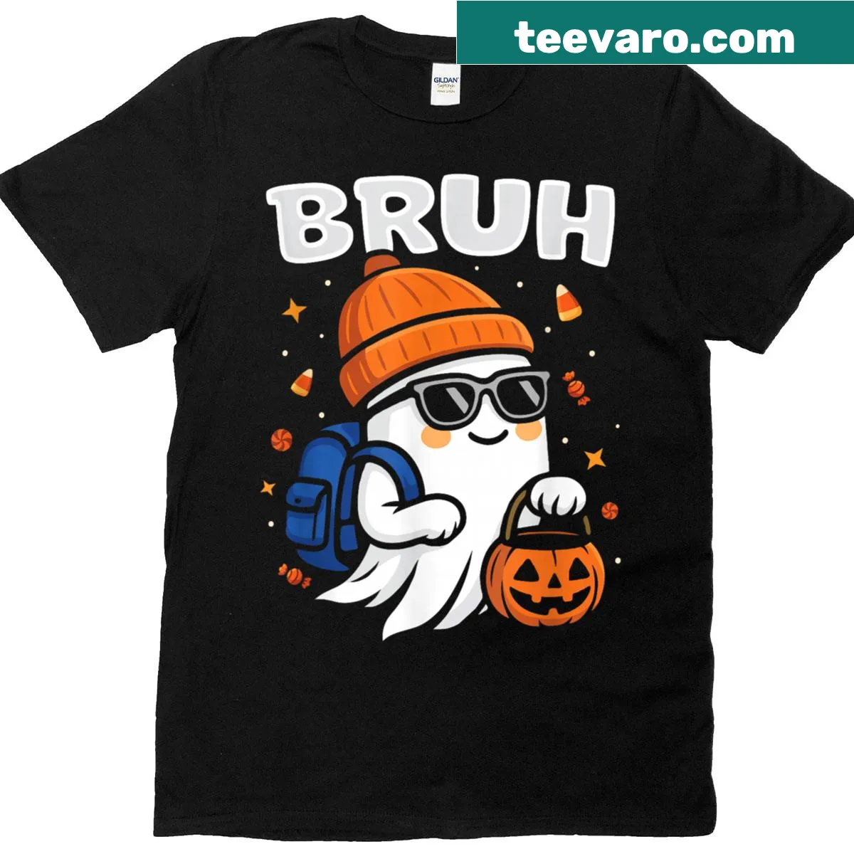 Cartoon ghost Halloween shirt with the word 'Bruh' — on a men's t-shirt