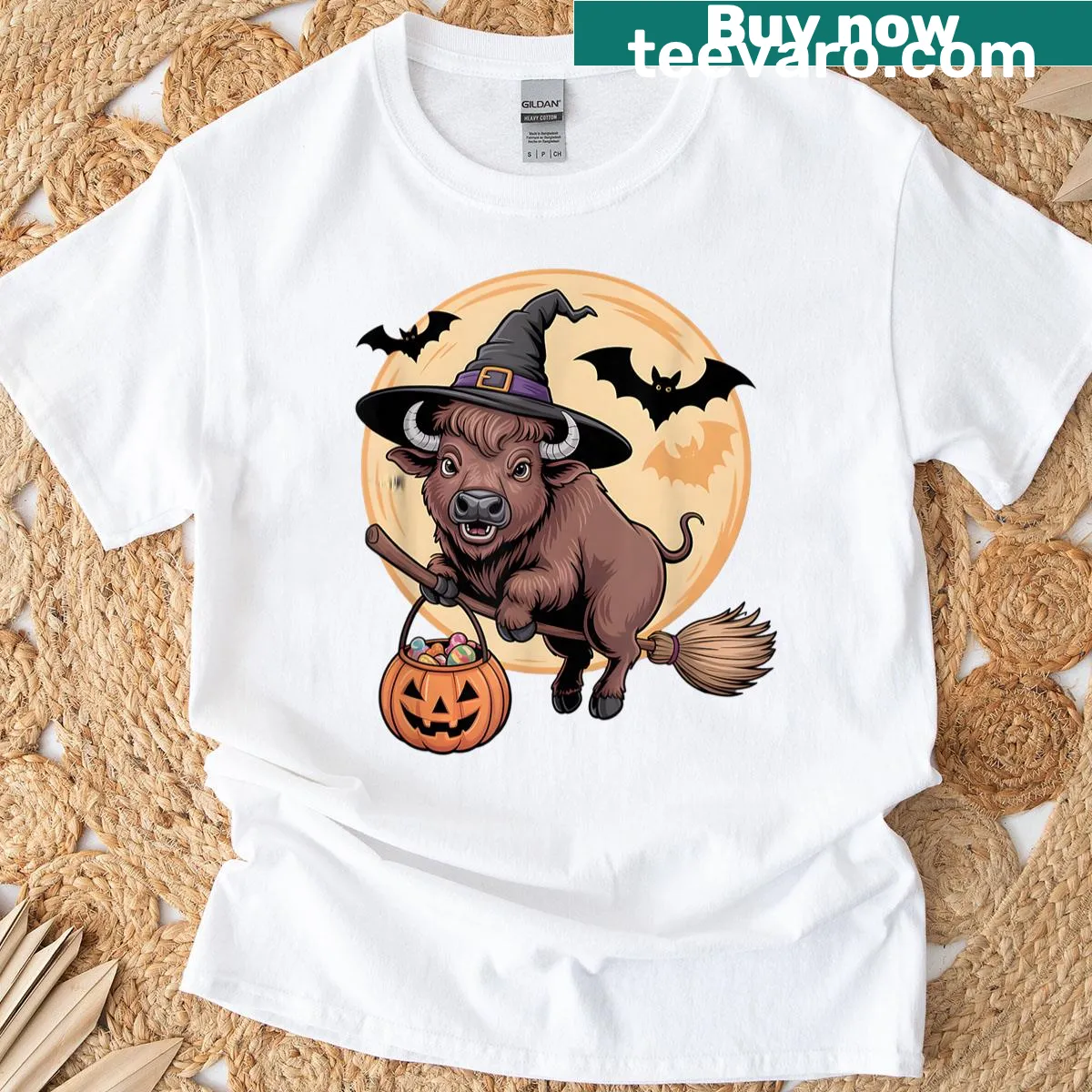 Buffalo wearing a witch hat with a pumpkin graphic for Halloween. — on a men's t-shirt