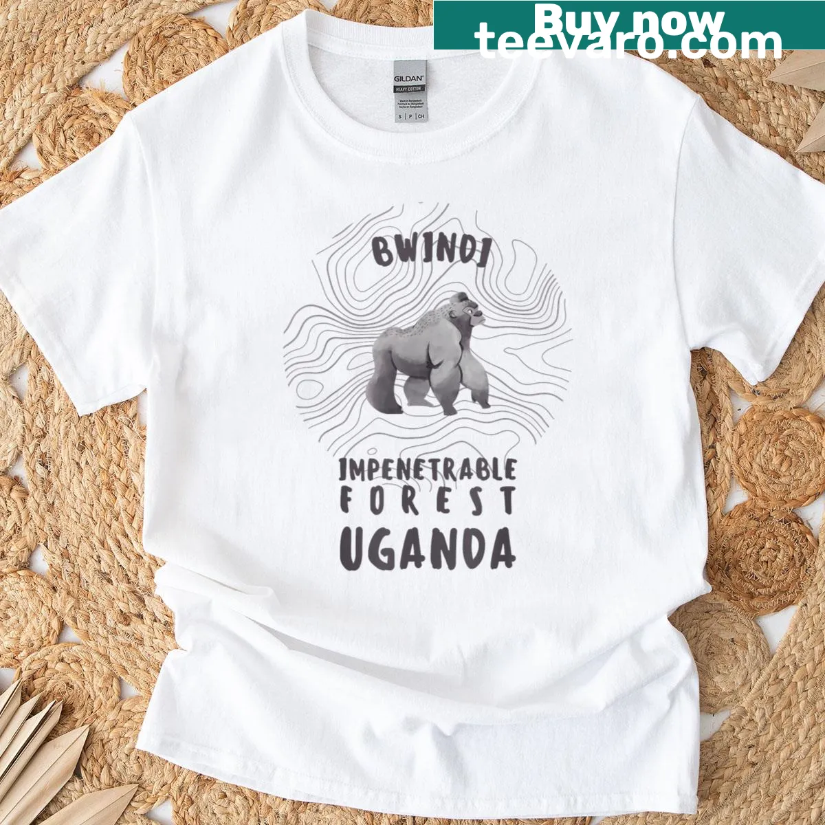 Illustration of gorillas in Bwindi Forest on a t-shirt — on a men's t-shirt