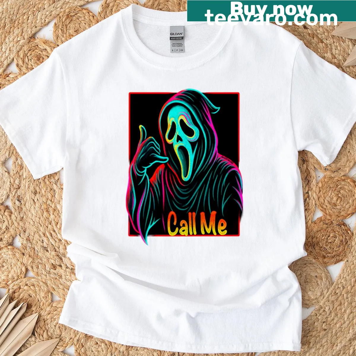 Cartoon ghost graphic on t-shirt with funny text 'Call Me Ghost' — on a men's t-shirt