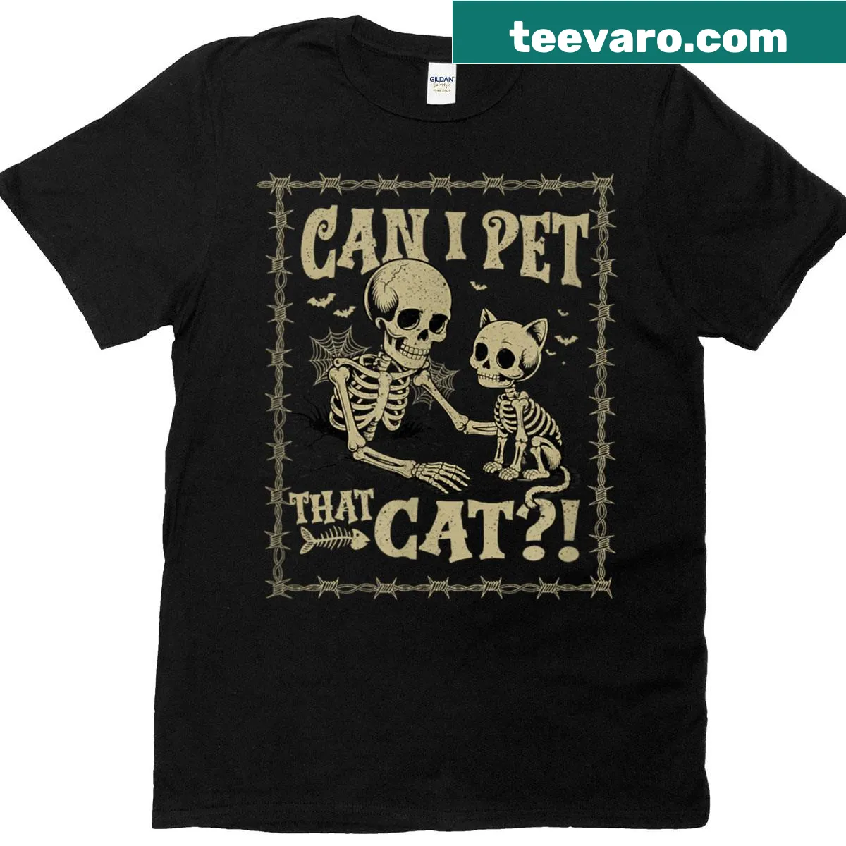 Funny skeleton cat graphic with the phrase 'Can I Pet That Cat' — on a men's t-shirt