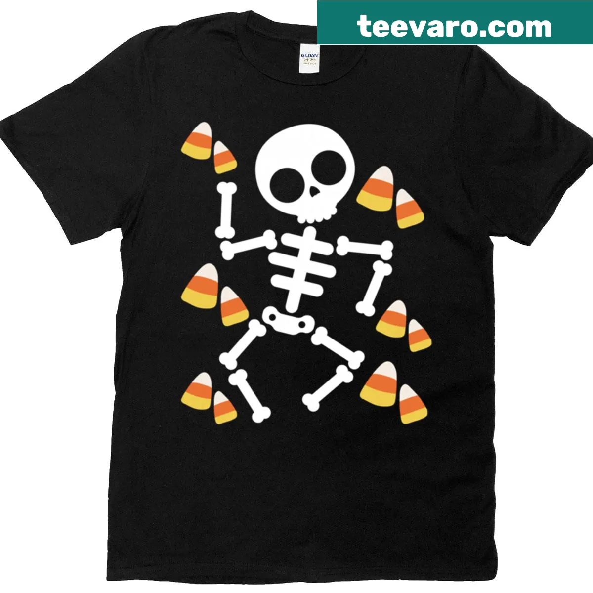 Halloween-themed T-shirt with playful skeletons in costumes and candy — on a men's t-shirt