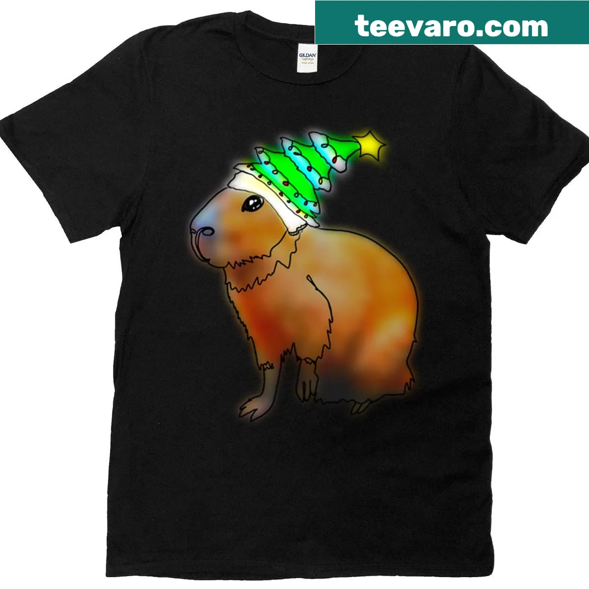 Capybara wearing a Christmas tree hat illustration on a T-shirt — on a men's t-shirt