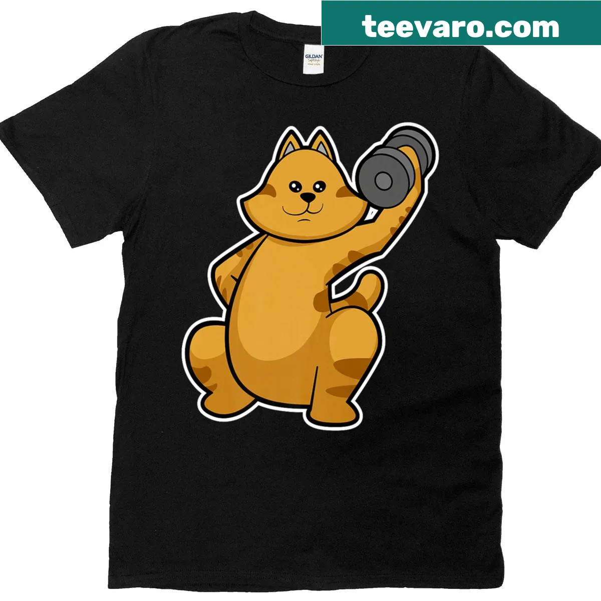 Fitness tee featuring a cat lifting a dumbbell graphic — on a men's t-shirt
