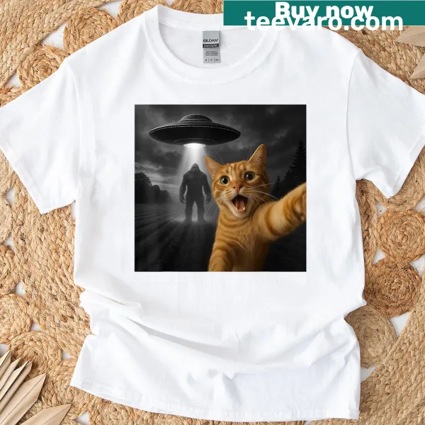 Funny T-shirt featuring a cat selfie with Sasquatch and an alien
