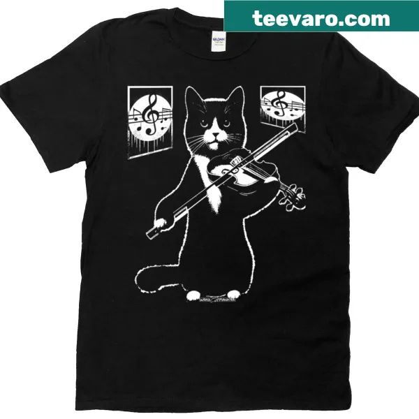 Illustration of a cat playing the violin on a T-shirt