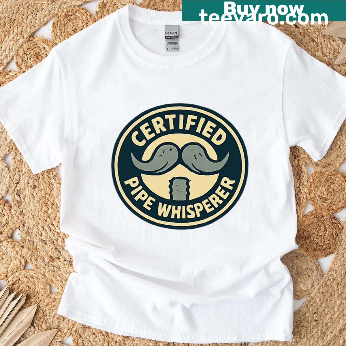 Playful typography t-shirt declaring 'Certified Pipe Whisperer' for pipe fitters — on a men's t-shirt