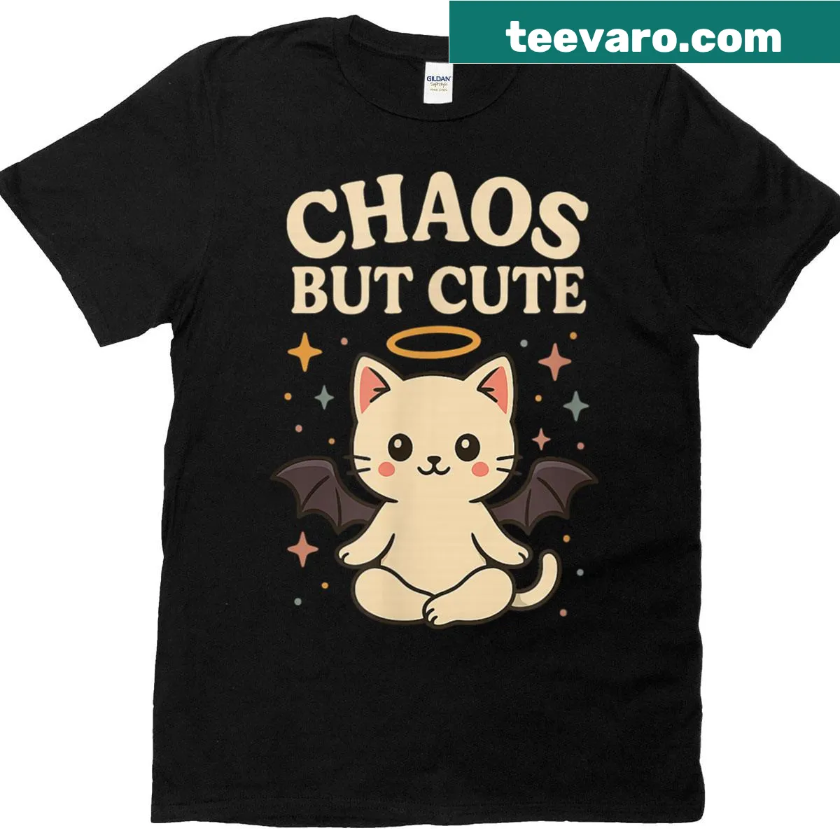 Kawaii kitten with bat wings and halo stars illustration on t-shirt — on a men's t-shirt