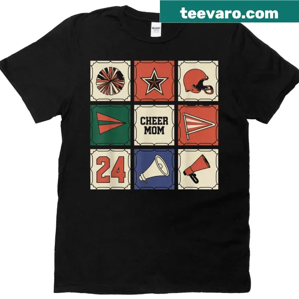 Cheer Mom T-shirt with fun text and bow graphic.