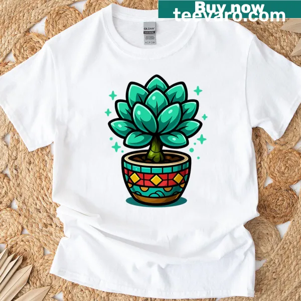 T-shirt with cute chibi succulent illustration in a pot