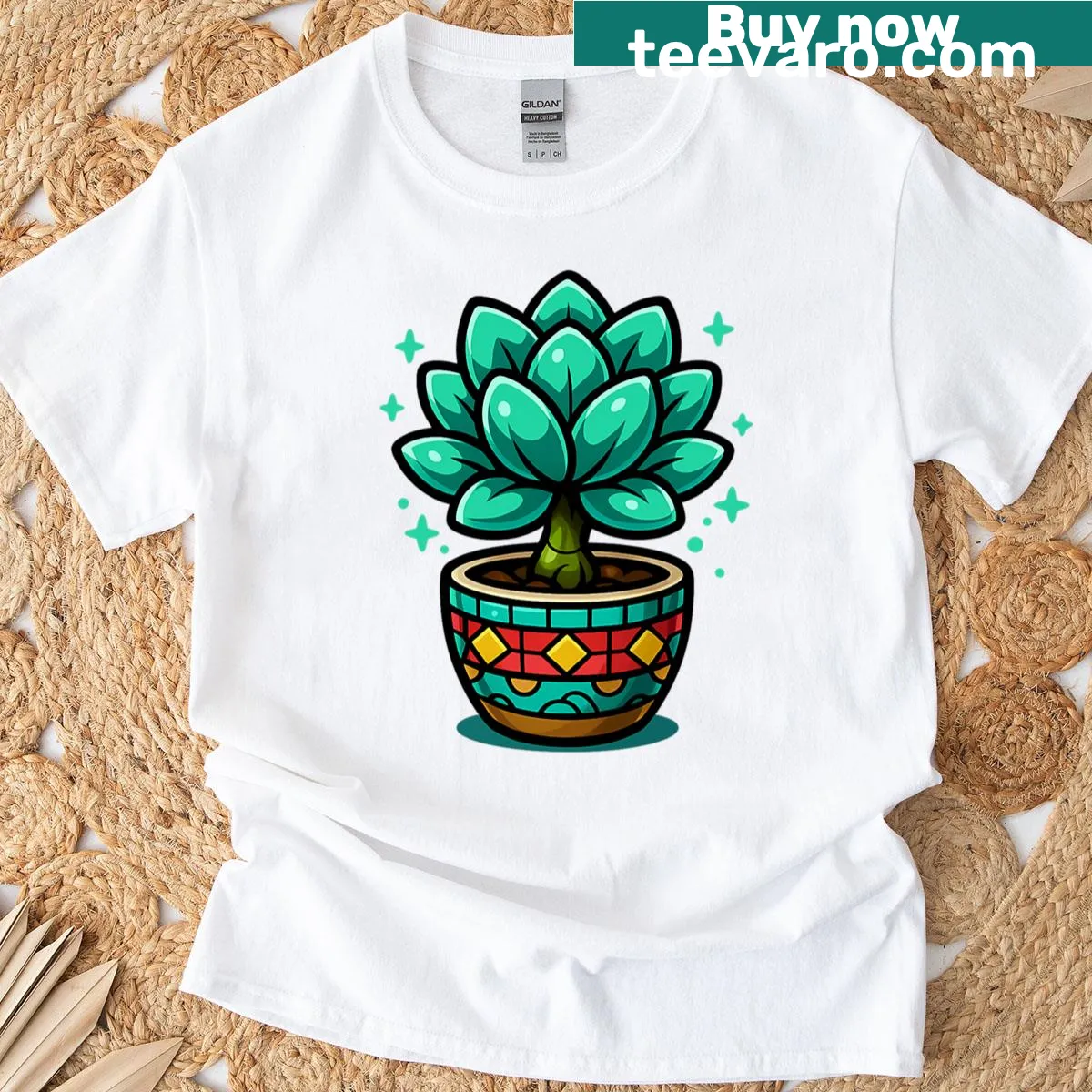 T-shirt with cute chibi succulent illustration in a pot — on a men's t-shirt