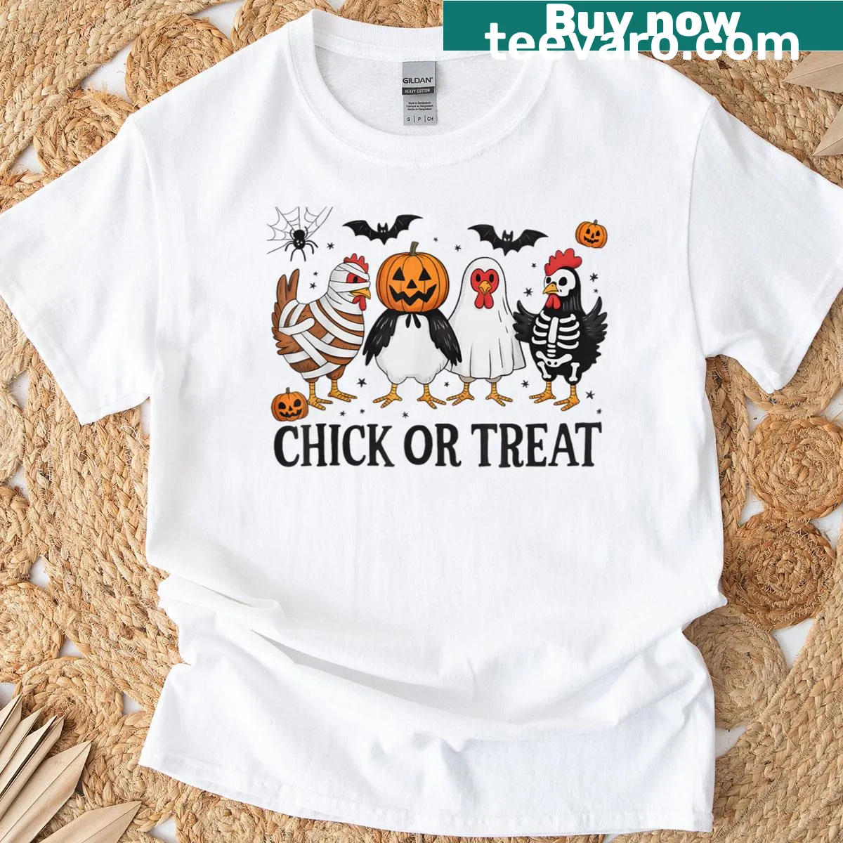 Funny Halloween T-shirt with a chicken dressed as a witch and a pumpkin. — on a men's t-shirt