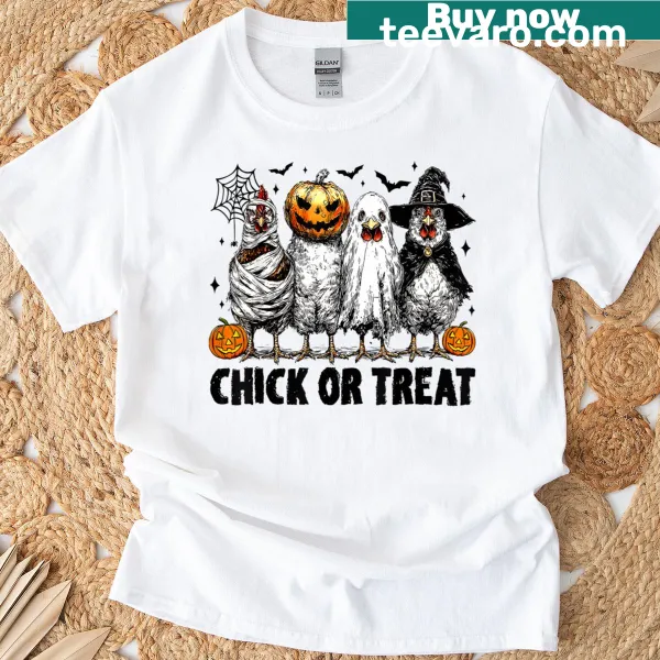 Cartoon chicken dressed as a witch on a Halloween t-shirt