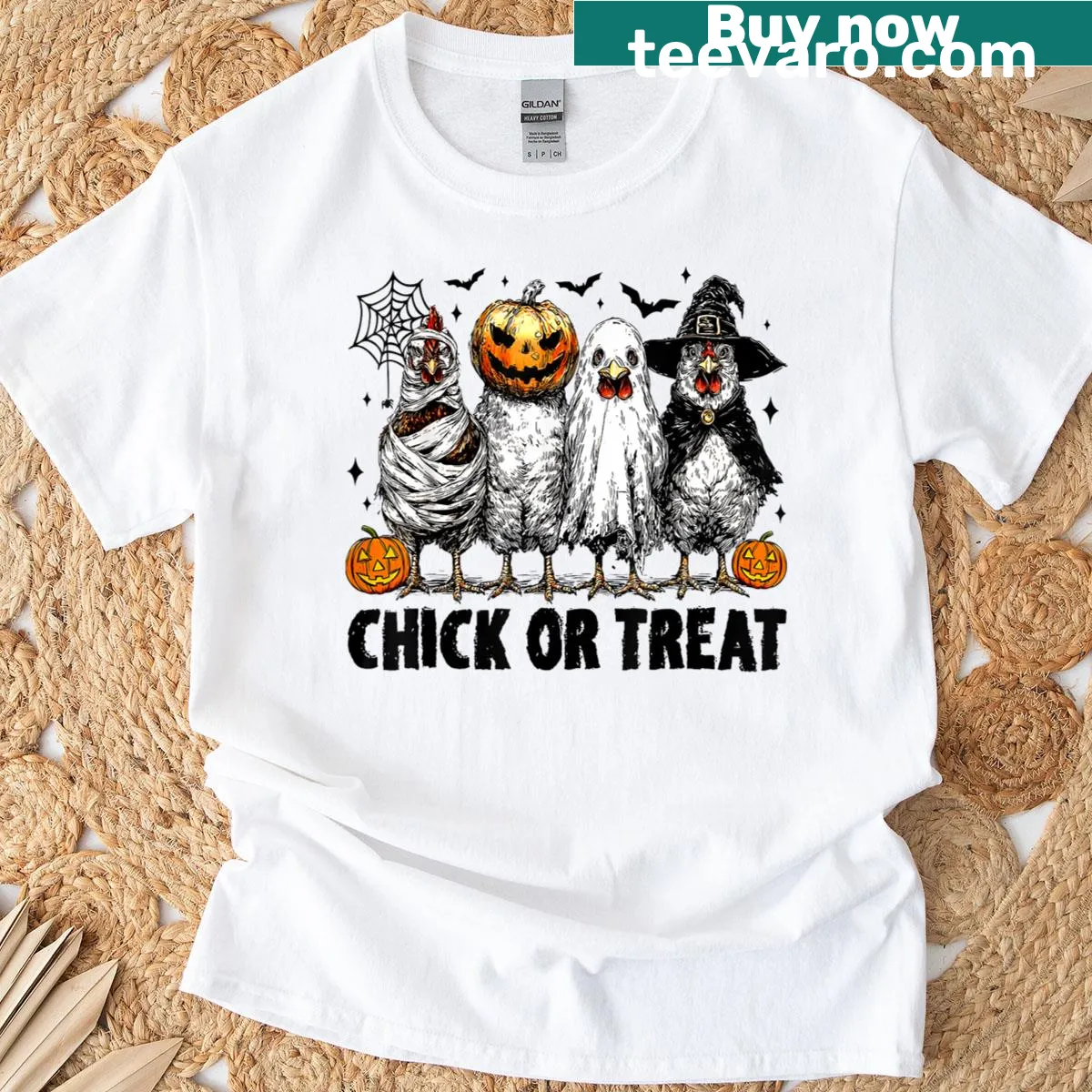 Cartoon chicken dressed as a witch on a Halloween t-shirt — on a men's t-shirt