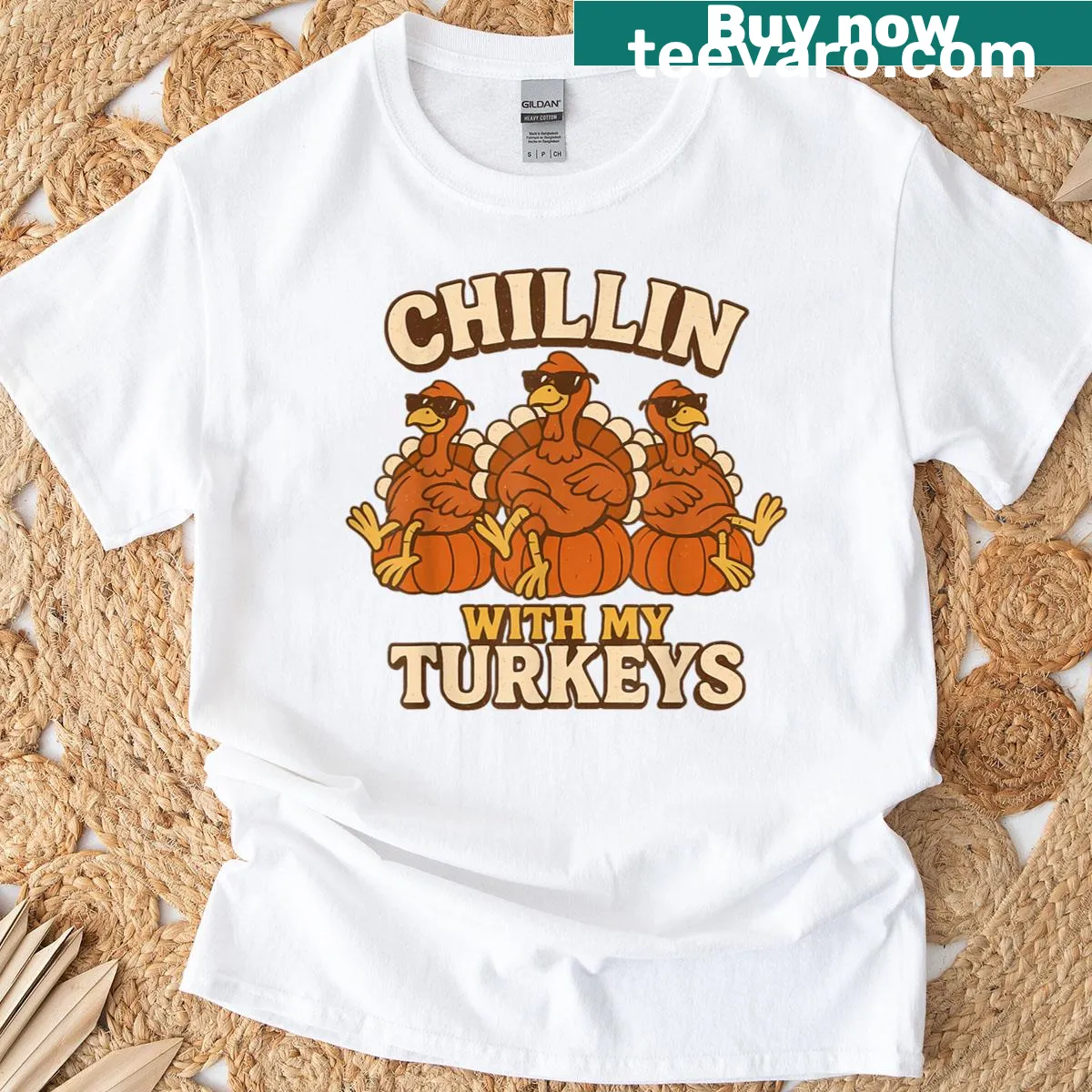 Cartoon T-shirt featuring playful turkeys for Thanksgiving. — on a men's t-shirt