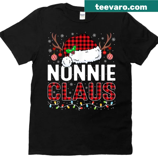 Nonnie Claus Christmas t-shirt with festive lights design.