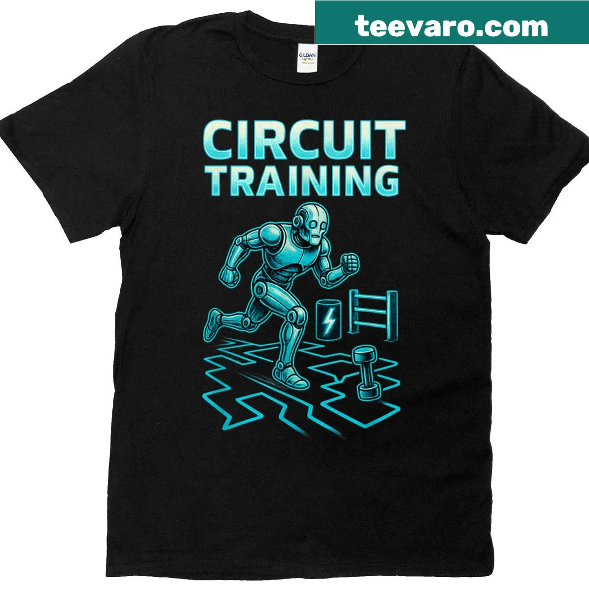 Circuit Training t-shirt featuring a retro robot graphic — on a men's t-shirt