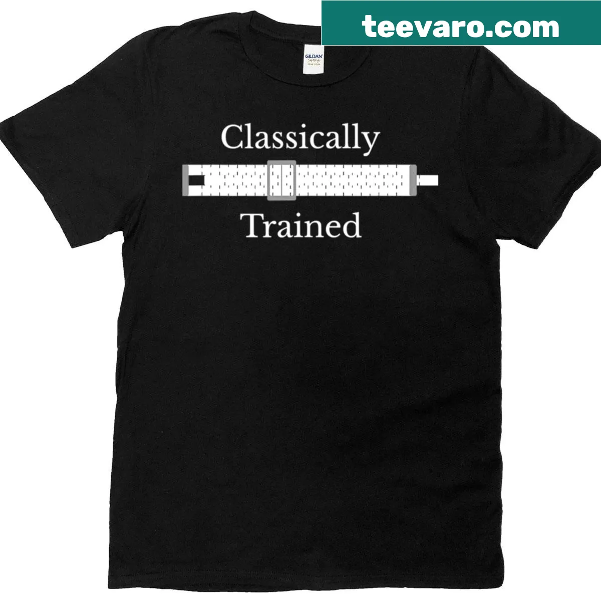 Slide rule t-shirt featuring a detailed mechanical calculator graphic — on a men's t-shirt
