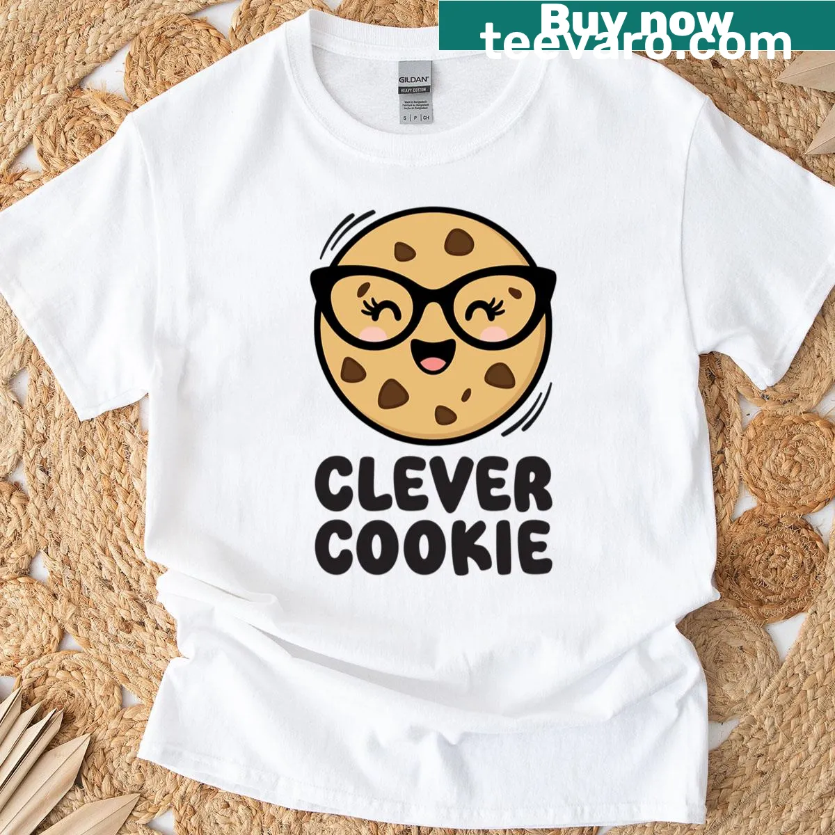 Kawaii cookie design on a beige t-shirt featuring a cute character — on a men's t-shirt