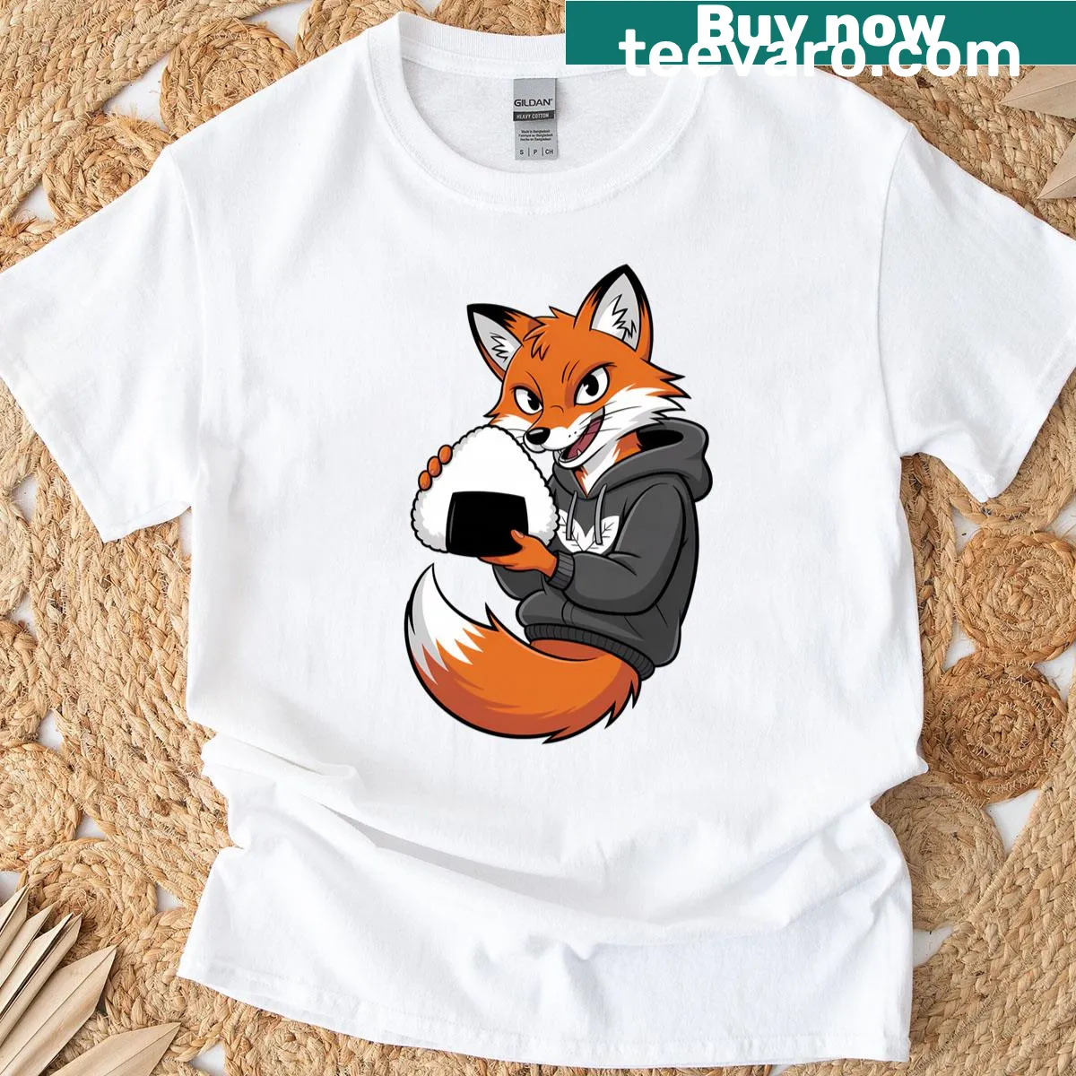 Illustrated T-shirt of a clever fox enjoying ramen — on a men's t-shirt