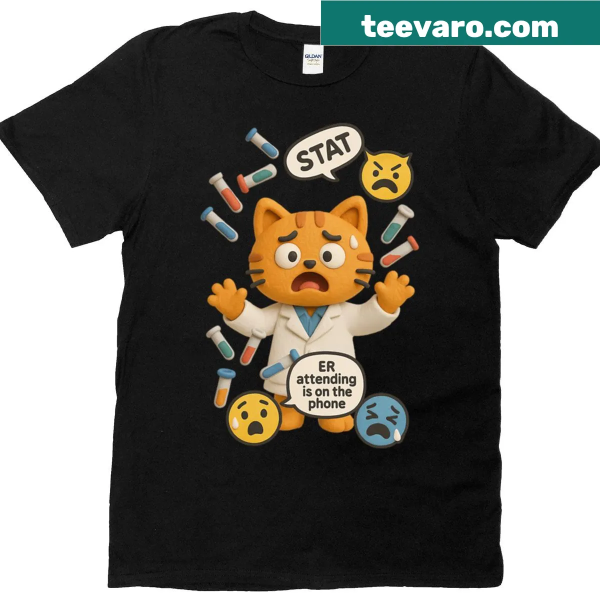 Funny cat running tests design on a clinical lab tech T-shirt. — on a men's t-shirt